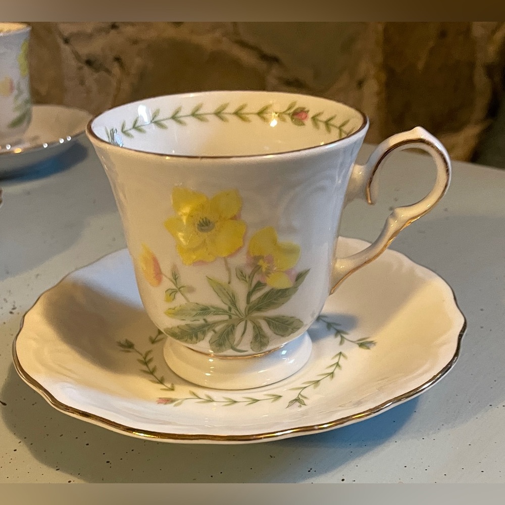 Tienshan Fine China Footed Teacup & Saucer, Floriade Pattern, Yellow Flowers